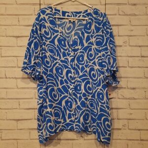 Coral Bay Women's Size 3X Blouse Blue White Elastic Balloon Sleeve Brand New